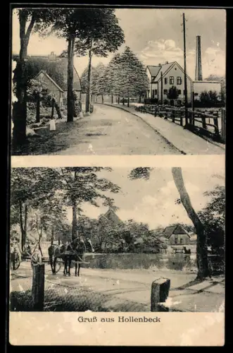 AK Hollenbeck, Dorfstrasse, Teich mit Pferdegespann