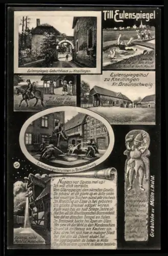 AK Kneitlingen /Braunschweig, Eulenspiegelhof, Geburtshaus, Eulenspiegelbrunnen, Grabstein