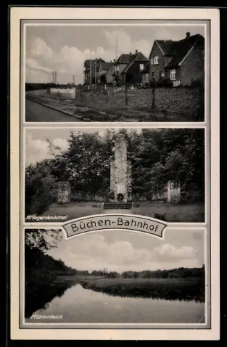 AK Büchen, Kriegerdenkmal, Mühlenteich, Wohnhäuser
