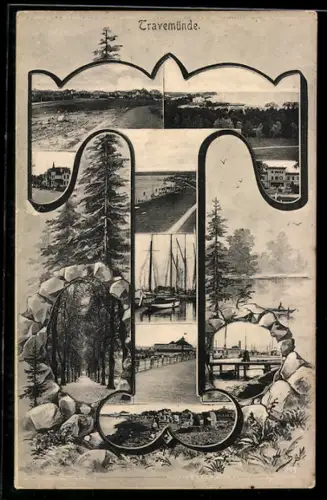Grusskarten-AK Travemünde, Verschiedene Ortsansichten