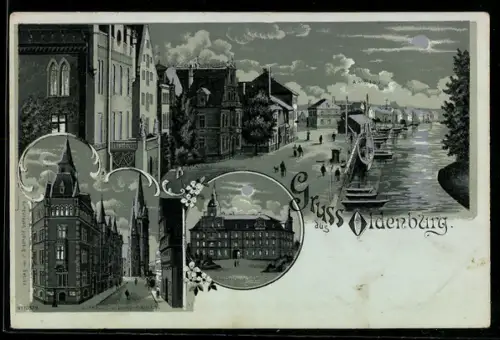 Mondschein-Lithographie Oldenburg, Schloss, Hafen, Strassenszene