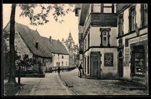 AK Salzuflen, Steege-Strasse, historische Strassenszene mit Geschäftshaus