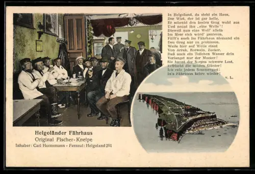AK Helgoland, Fährhaus Original Fischer-Kneipe, Inh. Carl Hornsmann, Innenansicht, Luftbild