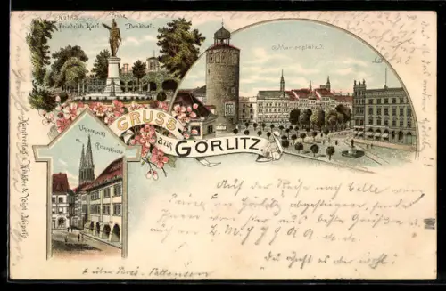 Lithographie Görlitz, Marienplatz, Friedrich Karl-Denkmal, Untermarkt Peterskirche