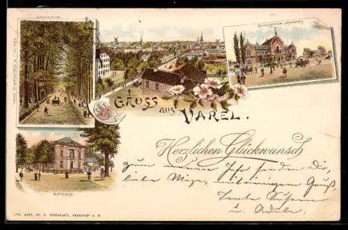 Lithographie Varel, Schlosskirche, Rathaus, Gerichtsgebäude am Marktplatz