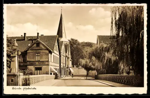AK Bünde, Elsterbrücke, Gasthaus Gustav Hoffilter, Kirche