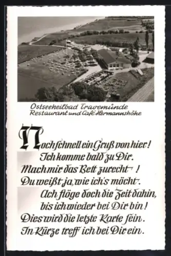 AK Travemünde, Restaurant und Café Hermannshöhe aus der Vogelschau