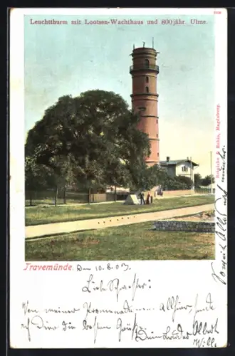 AK Travemünde, Leuchtturm mit Lootsen-Wachthaus und 800jähriger Ulme
