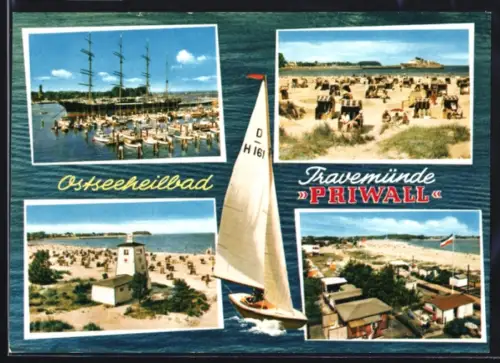 AK Travemünde, Priwall, Strand und einlaufendes Passagierschiff, 4-Mast-Bark im Hafen, Segelboot