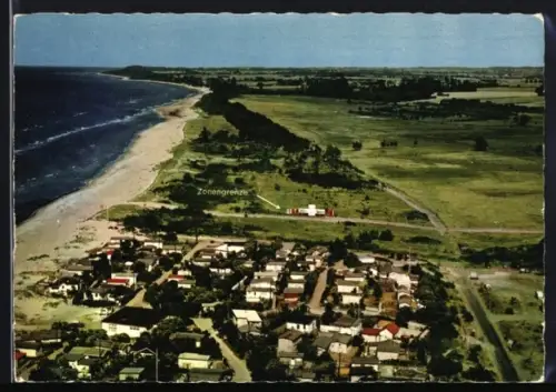 AK Travemünde-Priwall, Ortsansicht aus der Vogelschau mit der Zonengrenze