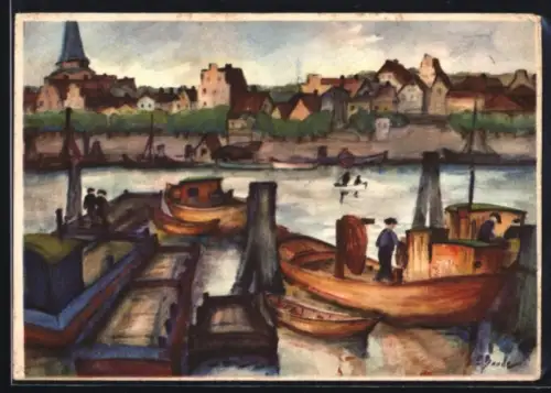 Künstler-AK Travemünde, Aal-Transportschiffe und Aalhälter-Station