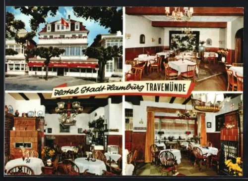 AK Travemünde, Hotel Stadt-Hamburg, Vorderreihe 60, Aussen- und Innenansichten