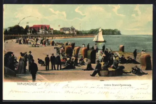 AK Travemünde a. d. Ostsee, Badegäste auf der Unteren Strandpromenade