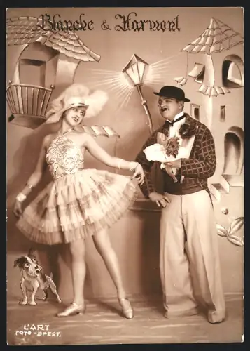 Fotografie L`Art, Budapest, Erzsébet-körut 44, Portrait der Schauspieler Blanche und Harmont vor Kulisse