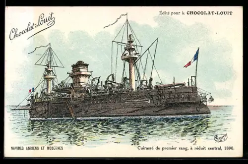 Künstler-AK Cuirasse de premier rang, a reduit central 1890, Reklame Chocolat-Louit
