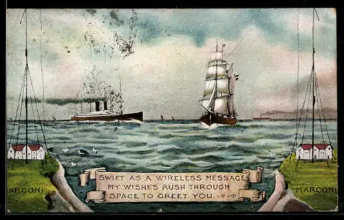 AK Segelschiff und Dampfer auf dem Meer, Swift as a wireless message my wishes rush through space to greet you