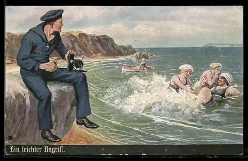 AK Ein leichter Angriff, Matrose mit Fotoapparat und Schwimmerinnen