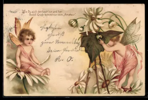 Lithographie Elfe mit Fotoapparat fotografiert eine andere Elfe