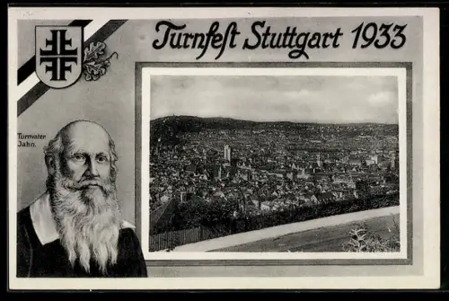 AK Stuttgart, Portrait des Turnvaters Jahn, Wappen, Karte anlässlich des Turnfestes 1933, Gesamtansicht