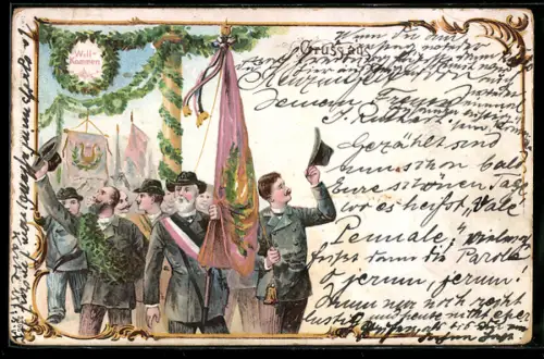 Lithographie Sänger mit Flagge zum Sängerfest