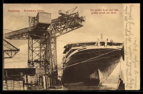 AK Hamburg, Kuhwärder Hafen mit grösstem Kran & Schiff der Welt