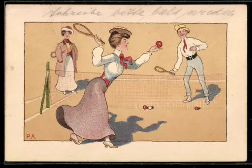 Künstler-AK Paar beim Tennisspiel