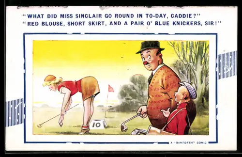 AK Dame in kurzem Rock auf dem Golf-Platz