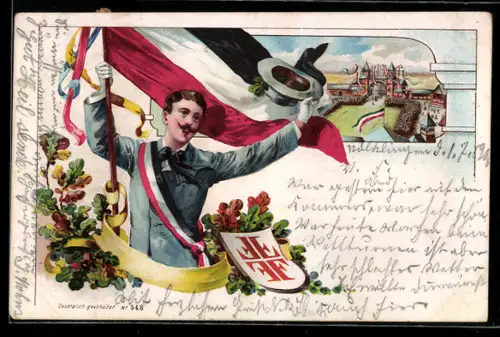 Lithographie Turner mit Reichsfahne, Gut Heil!, Wappen