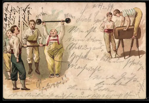 Lithographie Turner mit Bock und Hantel