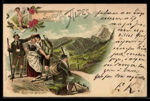 Lithographie Männer umgarnen eine ländliche Schönheit