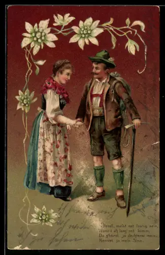 Präge-AK Junger Mann mit Bergsteiger-Ausrüstung und seiner Liebsten, Edelweiss-Blüten