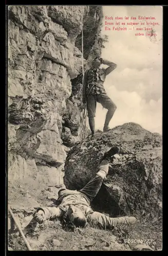 AK Zwei Bergsteiger im Gebirge, Warnung vor unachtsamer Jagd nach dem Edelweiss