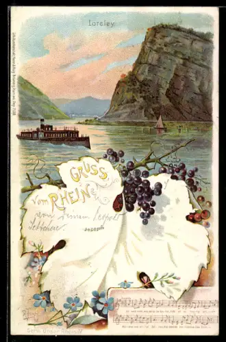AK Loreley-Felsen, Dampfer, Weintrauben