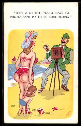 AK Mann fotografiert Frau mit Tochter am Strand