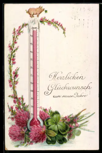 AK Thermometer mit Glücksschwein, Meteorologie