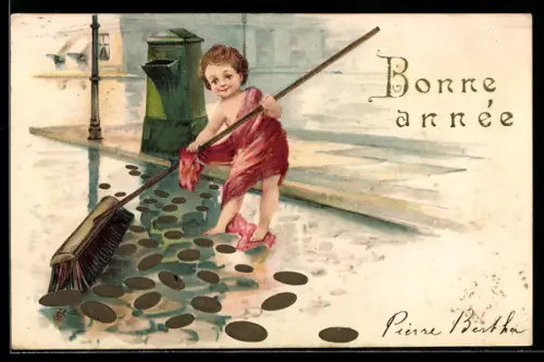 Präge-AK Kind fegt Geldmünzen von der Strasse, Neujahrsgruss