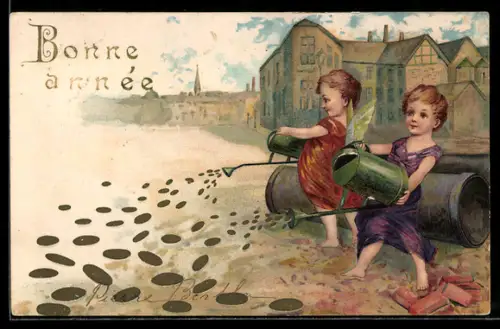 Lithographie Prosit Neujahr, Kinder giessen die Strasse mit Münzen