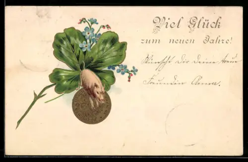 AK Neujahrsgruss mit Schwein, Geld und Glücksklee