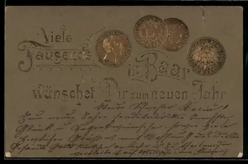 Präge-AK Verschiedene Geldmünzen, Neujahrsgruss