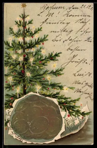 Präge-AK Tüte mit Geldmünzen unterm Tannenbaum, Weihnachtsgruss