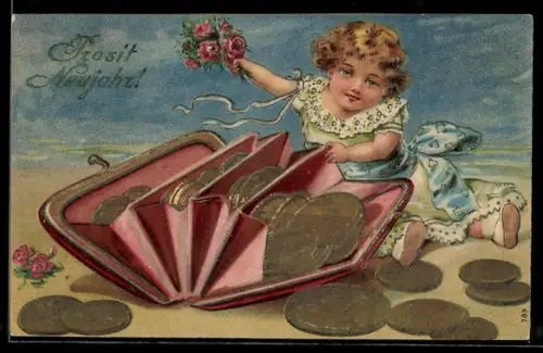 AK Kind mit riesiger gefüllter Geldbörse, Neujahrsgruss