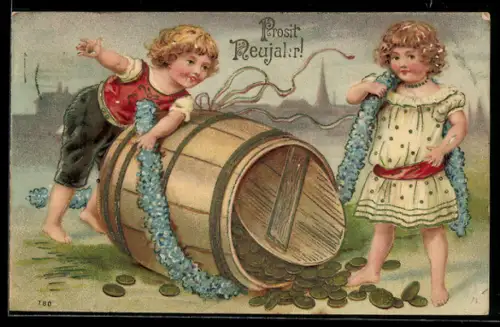 AK Kinder mit einem Fass voll Geld