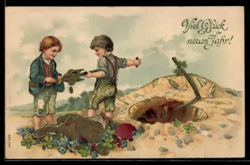 AK Neujahrsgruss, Buben haben einen Goldtopf ausgegraben