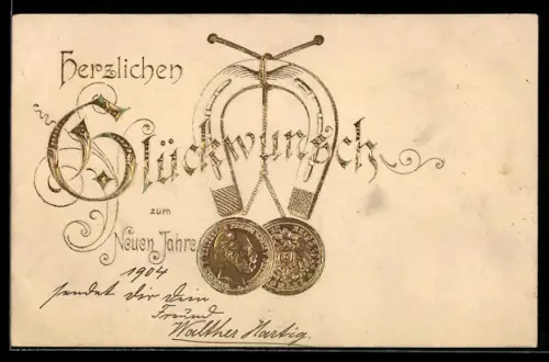 AK Neujahrsgruss mit Geld und Hufeisen