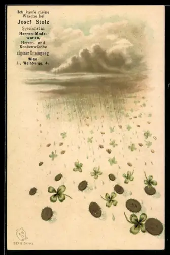 AK Münzen und Kleeblätter regnen aus einer Wolke