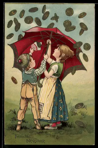 Präge-AK Kinderpaar mit Schirm bei Geldregen, Neujahrsgruss