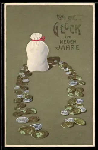 Präge-AK Sack mit Geldmünzen, Neujahrsgruss