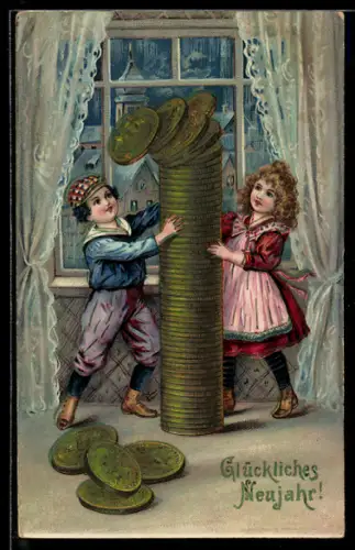 Präge-AK Kinderpaar mit Turm aus Geldmünzen, Neujahrsgruss