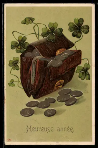 AK Geldbörse mit Münzen & Klee