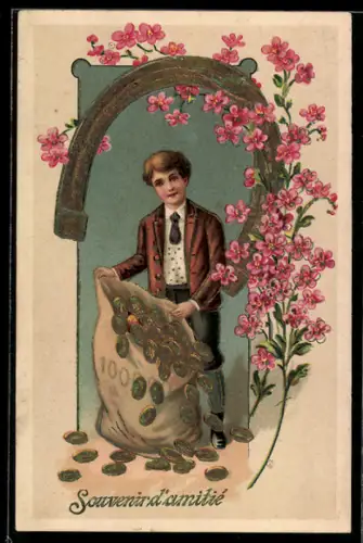 Präge-AK Junger Mann mit Geldsack, Hufeisen und Blüten